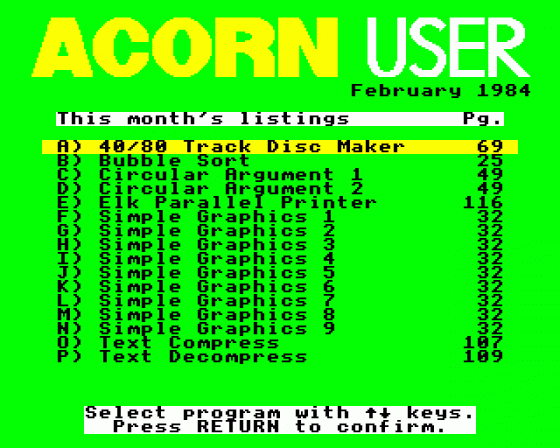 Acorn User #019 (02.1984) Menu Screen