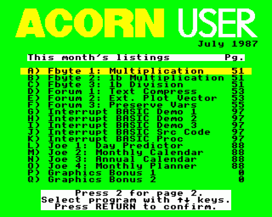 Acorn User #060 (07.1987) Menu Screen