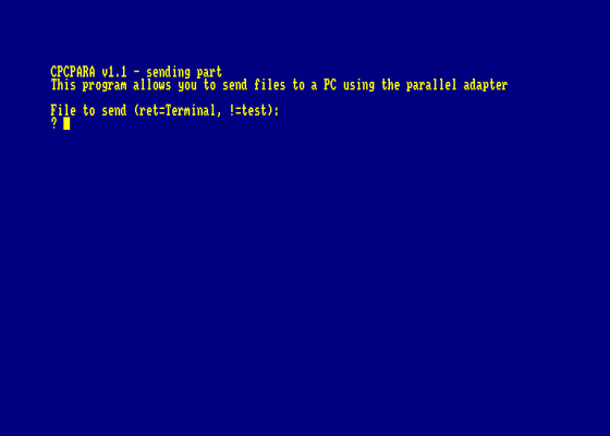 CPCPARA v1.1 - Receiving Sending With The Parallel Adapter Screenshot 1 (Amstrad CPC464)