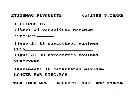 Etiqumag v1.3 Screenshot 1 (Amstrad CPC464)