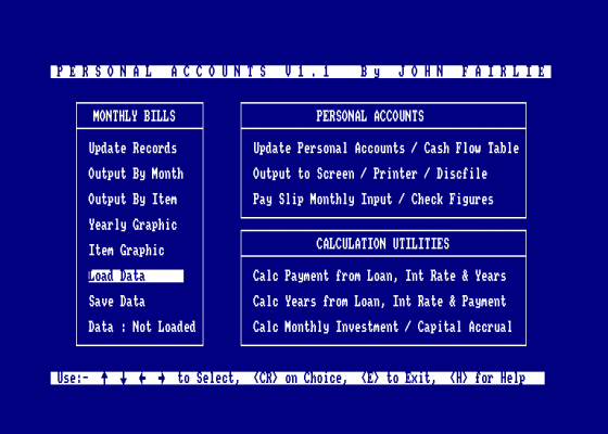 Personal Accounts v1.1 Screenshot 1 (Amstrad CPC464)