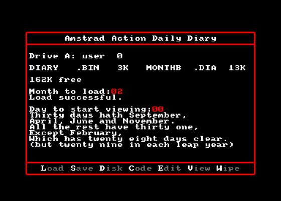 Amstrad Action Daily Diary Screenshot 1 (Amstrad CPC464)