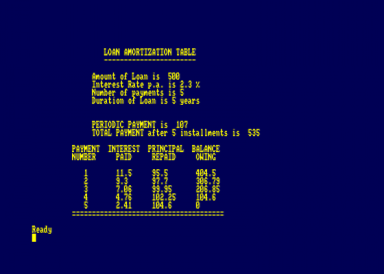 Loan Amortization Table Screenshot 1 (Amstrad CPC464)