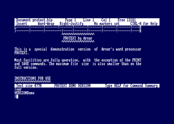 Protext VersionDemo Screenshot 1 (Amstrad CPC464)