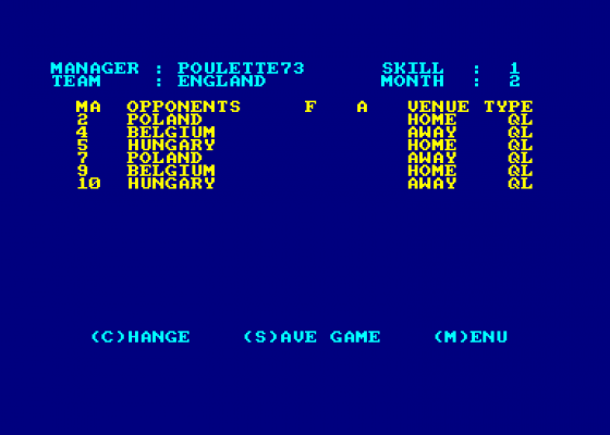 Trevor Brooking's World Cup Glory Screenshot 1 (Amstrad CPC464)