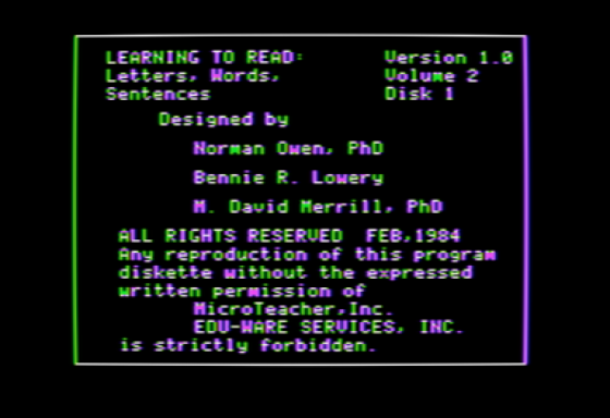 Learning To Read Volume 2 Screenshot 1 (Apple II)