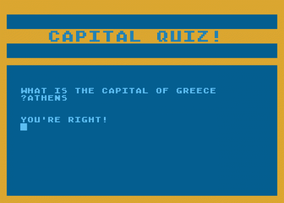 World Capitals! Screenshot 1 (Atari 400/800/600XL/800XL/130XE)