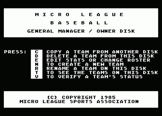 Micro League Baseball - General Manager/Owner's Disk