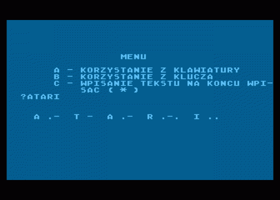 Alfabet Morse'a Screenshot 1 (Atari 400/800/600XL/800XL/130XE)