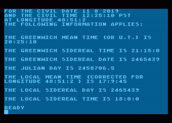 Local Sidereal Time and Date Screenshot 1 (Atari 400/800/600XL/800XL/130XE)