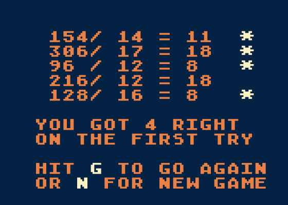 Math Practice Screenshot 1 (Atari 400/800/600XL/800XL/130XE)