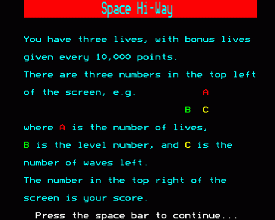 Space Hi-Way Screenshot 14 (BBC Model B)