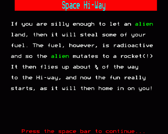 Space Hi-Way Screenshot 15 (BBC Model B)