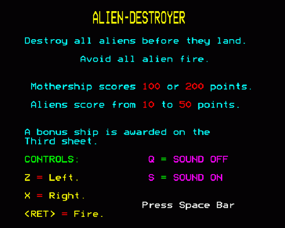 Alien Destroyer Screenshot 1 (BBC Model B)