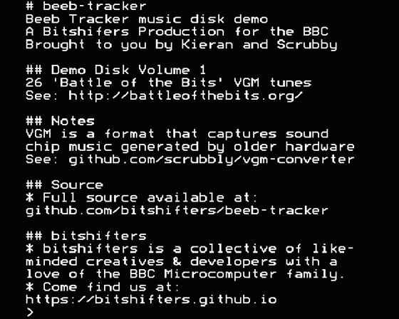 Beeb Tracker Volume 1 Screenshot 10 (BBC B/B+/Master 128)