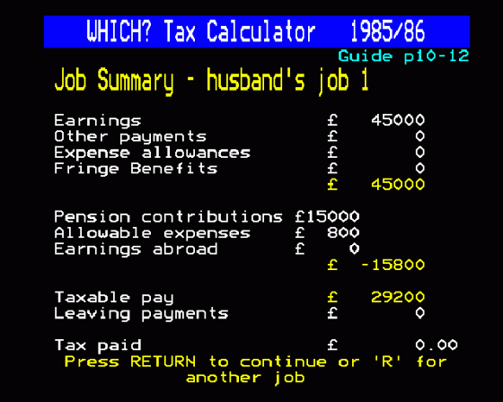 Which? Taxcalc 1985-86 Screenshot 7 (BBC Model B)