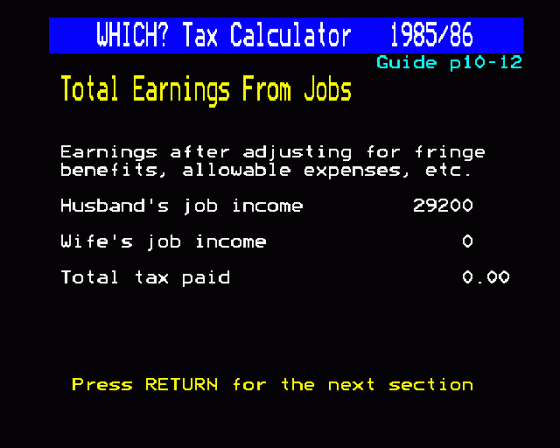 Which? Taxcalc 1985-86 Screenshot 9 (BBC Model B)