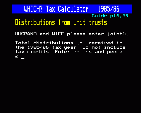 Which? Taxcalc 1985-86 Screenshot 11 (BBC Model B)