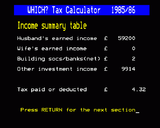 Which? Taxcalc 1985-86 Screenshot 12 (BBC Model B)