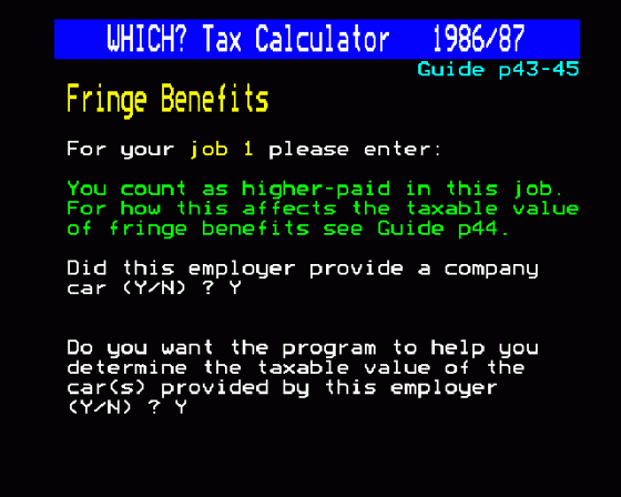 Which Taxcalc 1986 87 Screenshot 6 (BBC Model B)