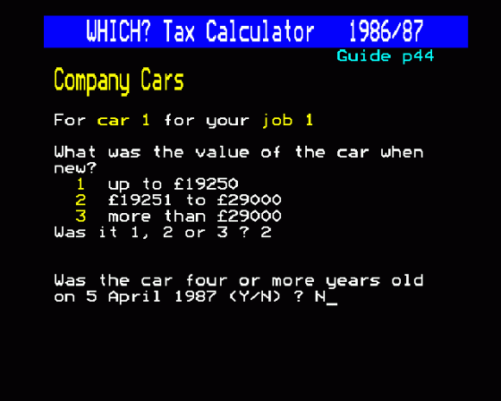 Which Taxcalc 1986 87 Screenshot 7 (BBC Model B)