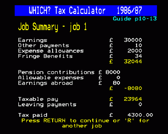 Which Taxcalc 1986 87 Screenshot 8 (BBC Model B)