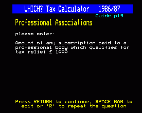 Which Taxcalc 1986 87 Screenshot 9 (BBC Model B)