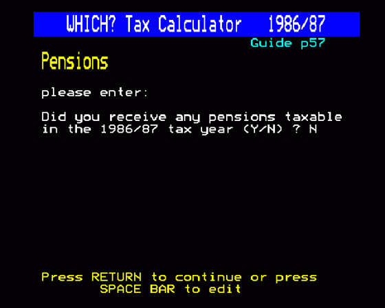 Which Taxcalc 1986 87 Screenshot 10 (BBC Model B)