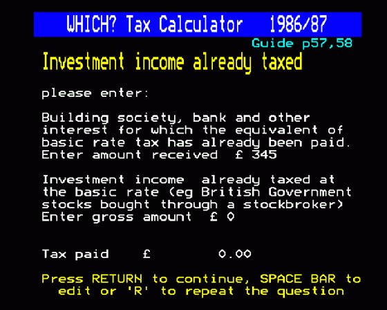 Which Taxcalc 1986 87 Screenshot 11 (BBC Model B)