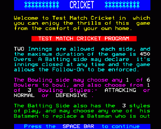 Test Match Screenshot 7 (BBC Model B)