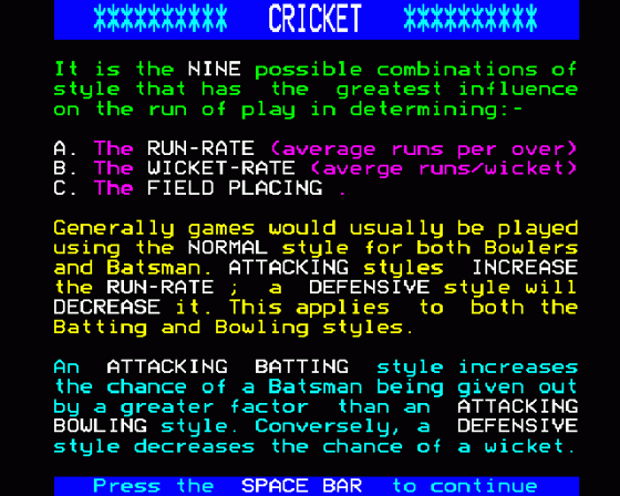 Test Match Screenshot 9 (BBC Model B)