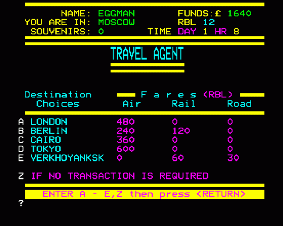 World Travel Game Screenshot 8 (BBC Model B)