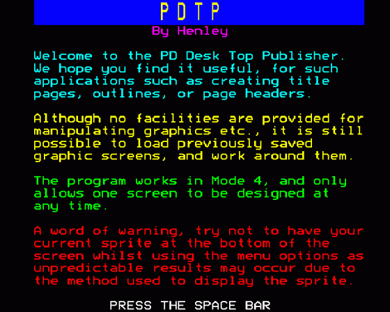 PD Desktop Publisher Screenshot 5 (BBC B/B+/Master 128)