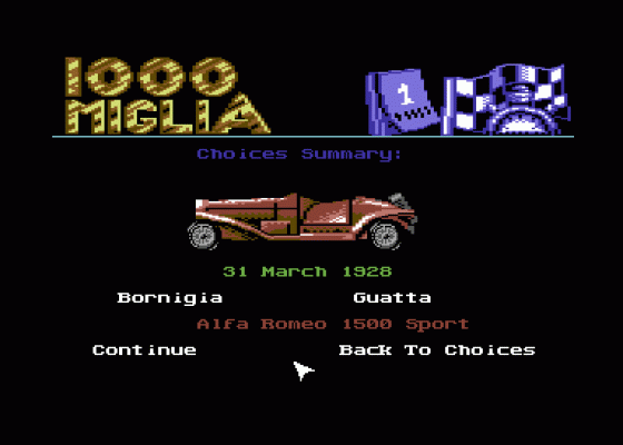 1000 Miglia 1927-1933 Volume 1 Screenshot 7 (Commodore 64/128)