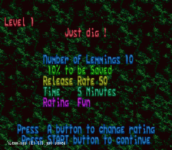 Lemmings Screenshot 22 (Sega Genesis)