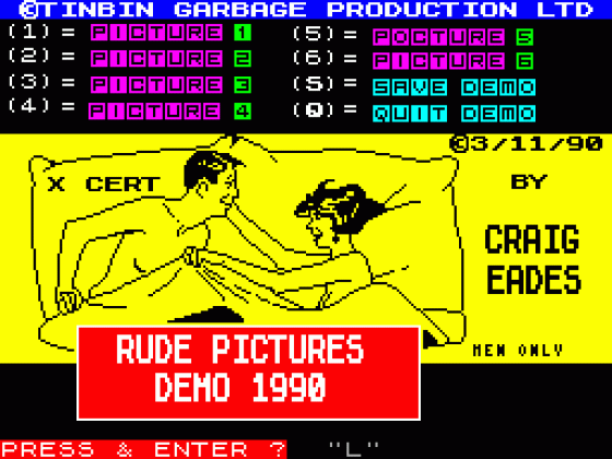 Rude Pictures Demo 1 Screenshot 1 (Spectrum 128K)