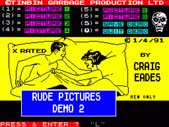 Rude Pictures Demo 2 Screenshot 1 (Spectrum 128K)