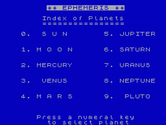 Ephemeris Screenshot 1 (Spectrum 16K/48K)