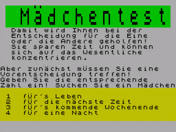 Maedchentest Screenshot 1 (Spectrum 48K)