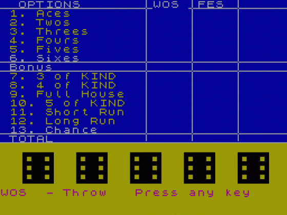 Yatzee Screenshot 1 (Spectrum 48K)