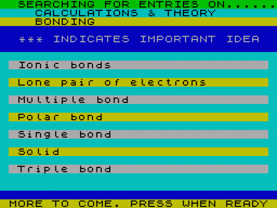 Chemistry - O-Level Revision and CSE Screenshot 1 (Spectrum 48K)