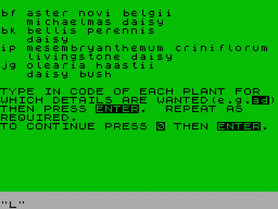 Garden Plant Directory Screenshot 1 (Spectrum 48K)