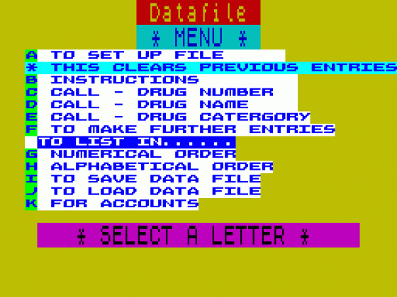 Drug File Screenshot 1 (Spectrum 48K)