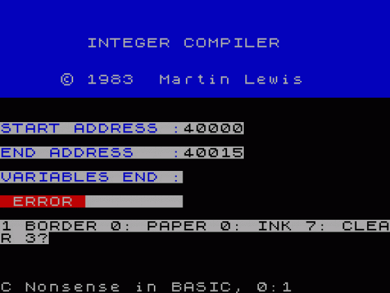 Integer Compiler Screenshot 1 (Spectrum 48K)