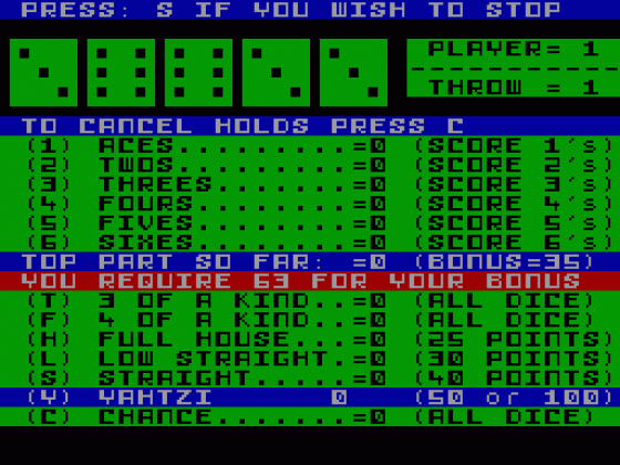 Yahtzi Screenshot 1 (Spectrum 48K)