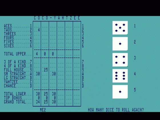 Yahtzee Screenshot 1 (Tandy Color Computer 3)