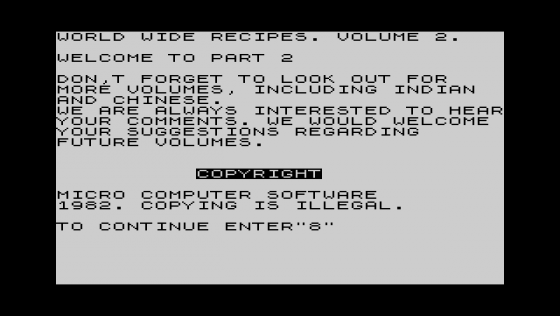 World Wide Recipes Vol.2 Screenshot 1 (Sinclair ZX81)