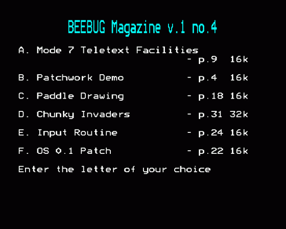 Beebug Volume 1 Number 4 Menu Screen