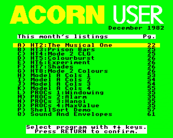 Acorn User #005 (12.1982) Menu Screen