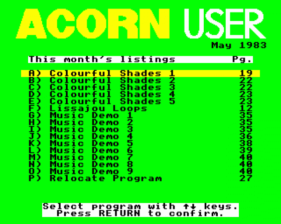 Acorn User #010 (05.1983) Menu Screen